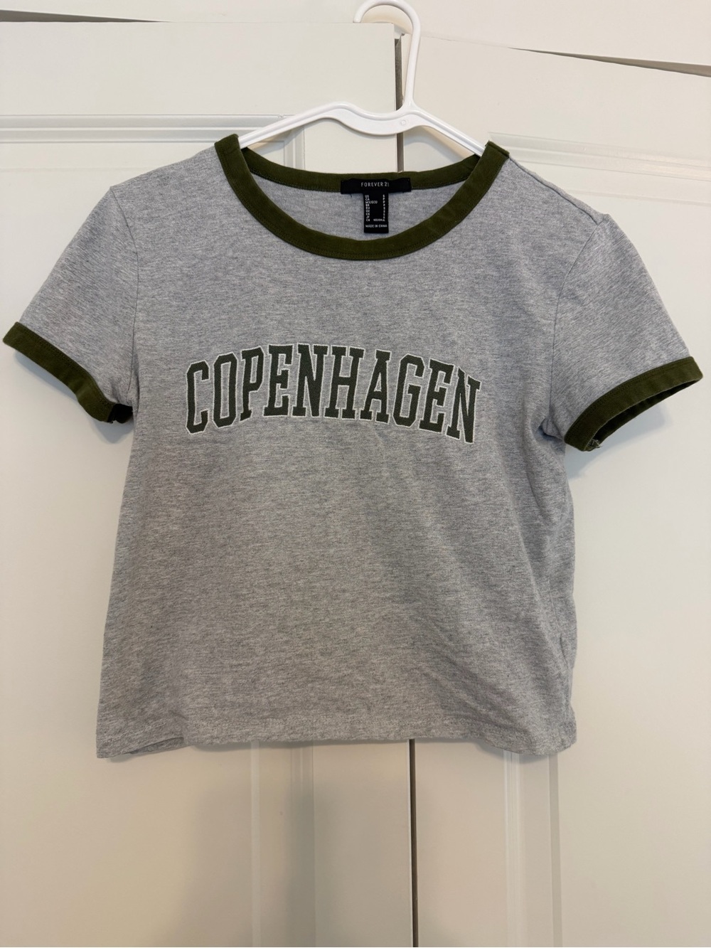 Forever 21 cropped  'Copenhagen' Grey & Olive Ringer Tee